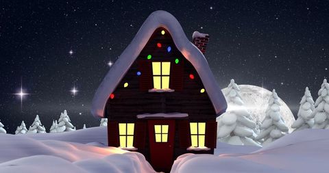 Snow-Covered Cabin with Festive Holiday Lights at Night