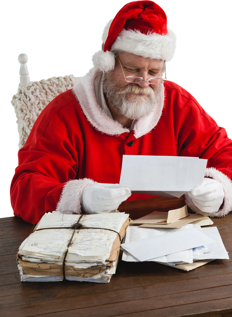 Transparent Santa Claus Reading Wish Lists Sitting by Stack of Old Letters - Download Free Stock Videos Pikwizard.com