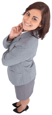 Happy Businesswoman in Gray Suit on Transparent Background Smiling Upwards