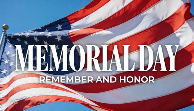 Memorial day waving american flag remembering and honoring over blue sky