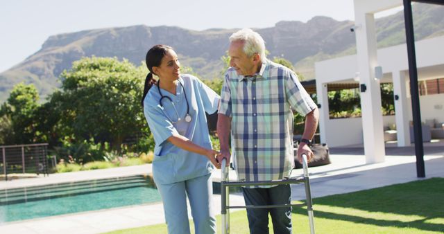 Nurse Assisting Senior Man with Walker Outside Care Facility - Download Free Stock Images Pikwizard.com