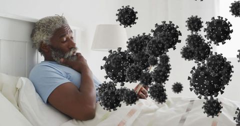 Relaxed Senior Man in Bed with Floating Virus Visual Overlay