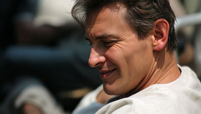 Sunlit close-up of relaxed man squinting and smiling in white crewneck outdoor leisure