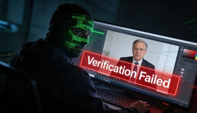 Hacker in Hoodie with Green Code Projection and Verification Failed Warning