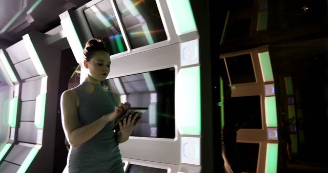 Woman Using Tablet in Futuristic Sci-Fi Environment - Download Free Stock Images Pikwizard.com