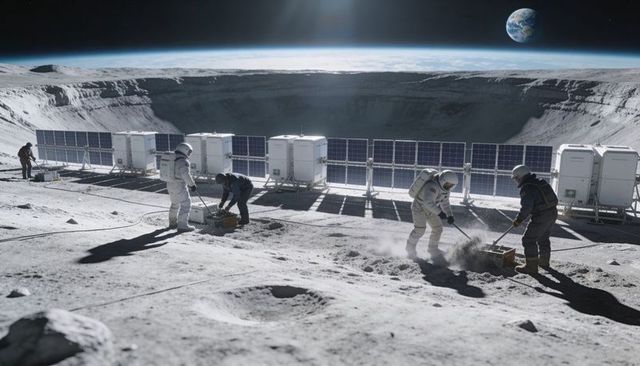 Lunar crew deploying solar array on crater rim with Earthrise overhead