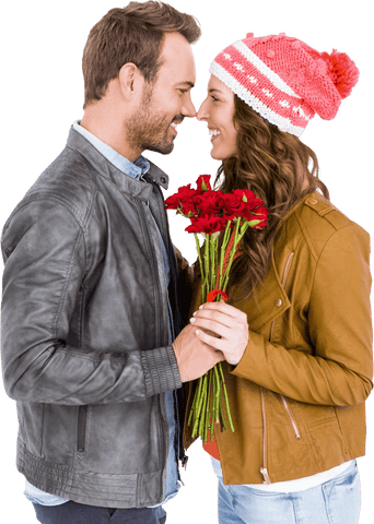 Romantic Young Couple with Flowers Transparent Background