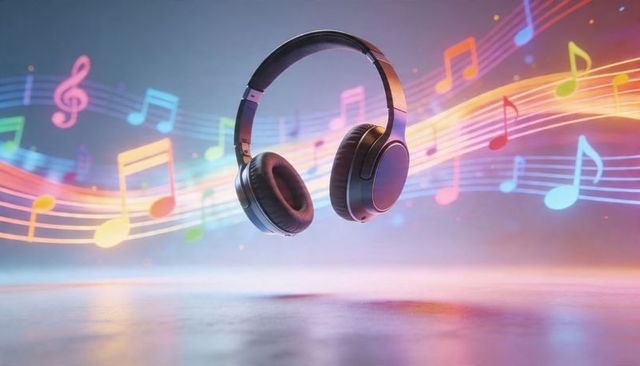 Floating wireless over-ear headphones with colorful musical notes and neon gradient