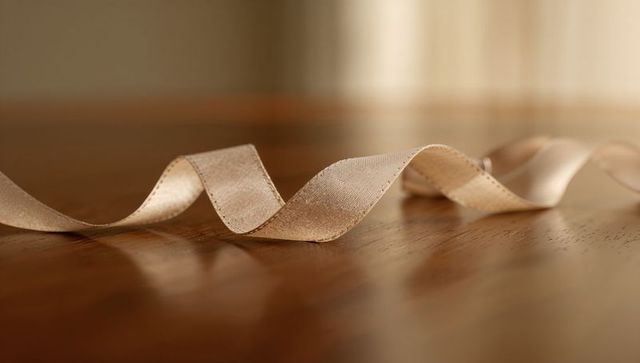 Beige satin ribbon curling on polished wood surface with warm bokeh reflection