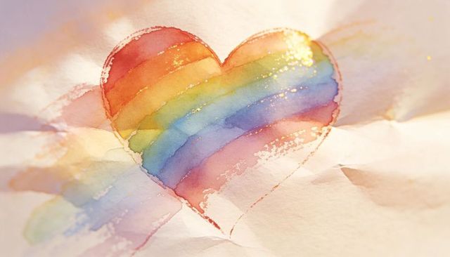 Handpainted rainbow heart watercolor with gold accents on crumpled paper under warm light