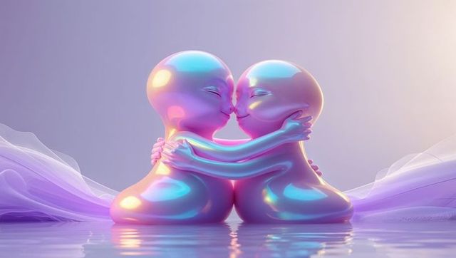 iridescent humanoids embracing in tranquil water setting - Download Free Stock Images Pikwizard.com