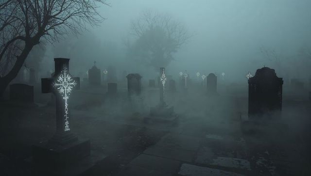 Mysterious Foggy Cemetery with Illuminated Cross Gravestone