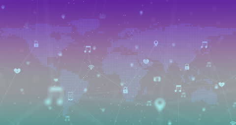 Digital Icons Network on World Map with Gradient Background