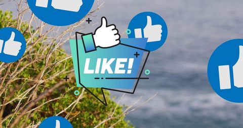 Social Media Like Icons Over Ocean and Grass Background
