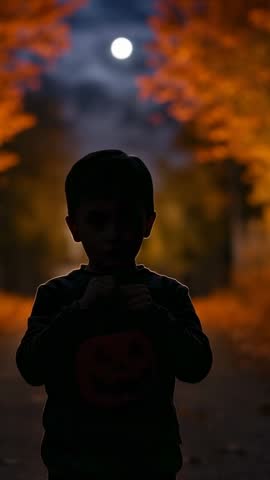 Child walking under moon in jack-o'-lantern hoodie, autumn silhouette vertical video