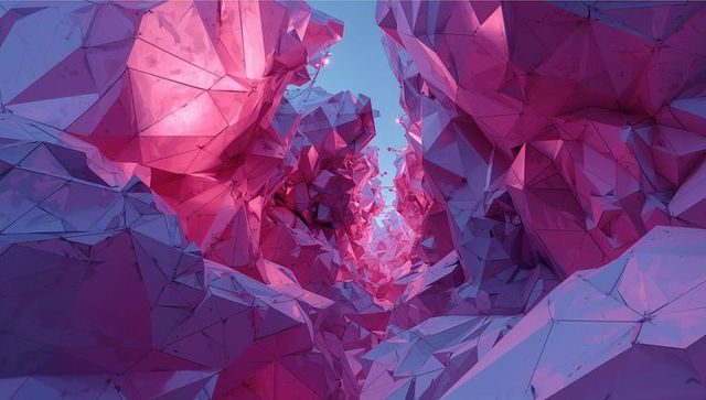 Magenta Low-Poly Canyon with Faceted Triangles and Blue Sky Futuristic Geometric Landscape