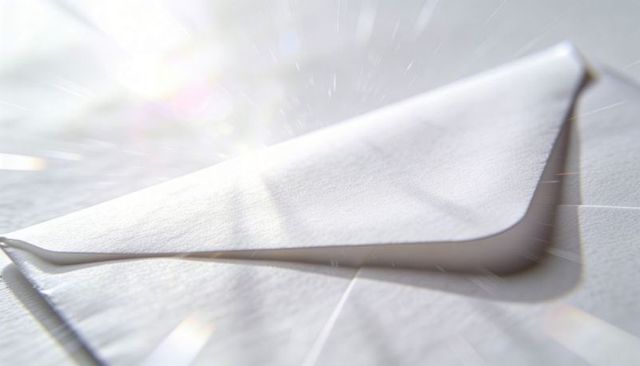 White Envelope Casting Flap Shadow with Starburst Prism Light on Textured Paper Surface