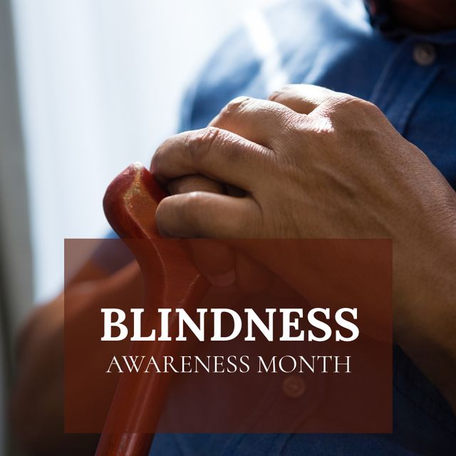 Composition of blindness awareness month text over hands with cane. Blindness awareness month and celebration concept digitally generated image.
