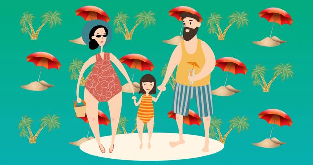 Illustration of a smiling family enjoying a beach vacation on a bright, patterned green background. Parents hold their child's hands, dressed in typical beachwear. Use this image for vacation promotions, family-centric advertisements, illustrations in children’s books, family outing guides, or summer event marketing.