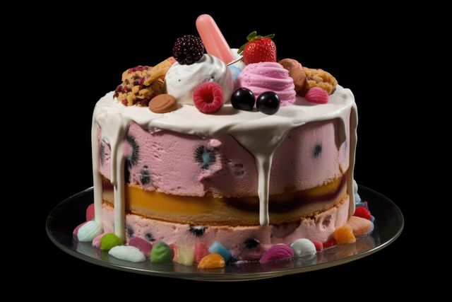 Ice cream cake with white icing and fruits on top, created using generative ai technology. Cake, celebration, treat, sweet food and deserts concept digitally generated image.