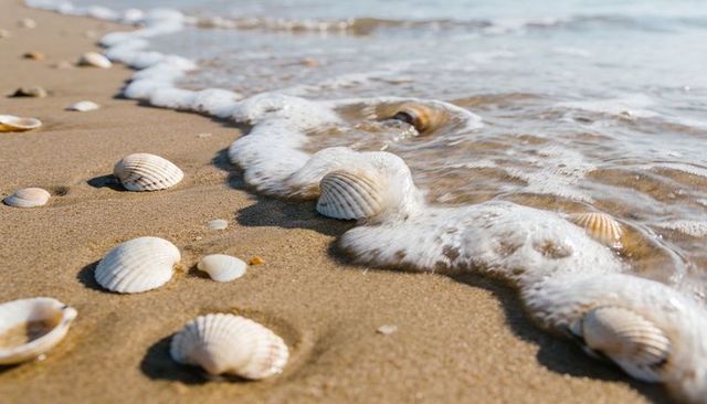 Sea foam lapping scallop shells on sunlit sandy shore