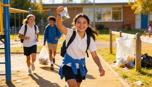 Smiling asian schoolgirl running on playground holding snack wrapper during school cleanup
