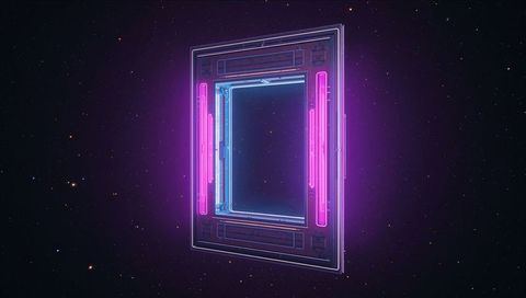 Neon Portal Hovering in Deep Space with Cyan Frame and Magenta Tubes Futuristic Gateway