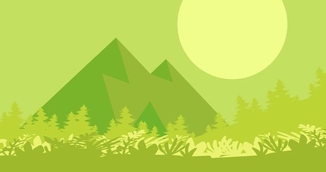 Illustrative image of green mountains with trees and plants against clear sky with sun, copy space. Vector, abstract, nature and scenery concept.