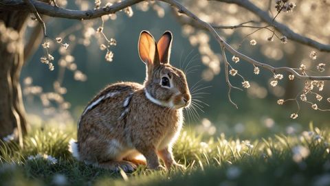 Serene cottontail rabbit in pastoral blossoming meadow