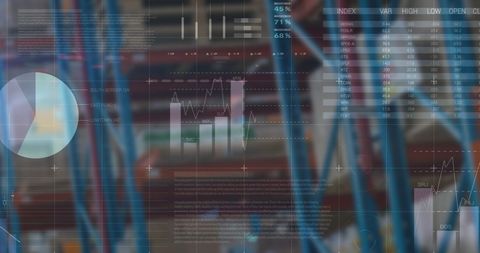 Futuristic Financial Data and Graphs Over Warehouse Background