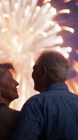 Senior couple embracing and watching fireworks in night sky, romantic vertical video