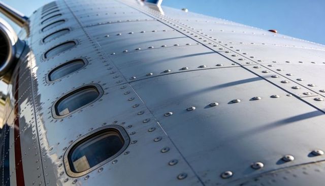Sunlit aircraft fuselage with oval windows, riveted panels and polished metallic sheen