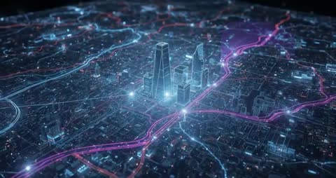 Futuristic Digital City with Data Pulsing Neon Trails