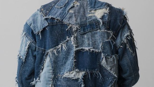 Distressed patchwork denim jacket back view with frayed seams and weathered indigo texture