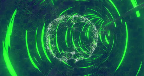 Futuristic Green Light Tunnel and Digital Brain Interface