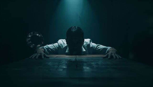 Mysterious Man in Dramatic Interrogation Room with Dim Lighting