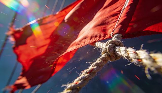 Halyard knot and red pennant fluttering in sunlit sail rigging with lens flare