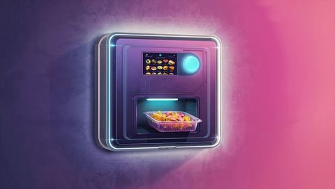 Futuristic wall-mounted food dispenser dispensing salad with touchscreen and neon leds