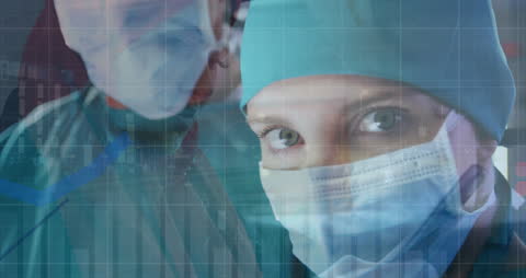 Surgeons Analyzing Financial Data Overlay in Healthcare Concept