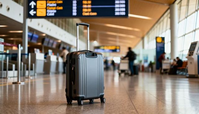 Sleek carry-on luggage standing on polished airport terminal floor with check-in activity