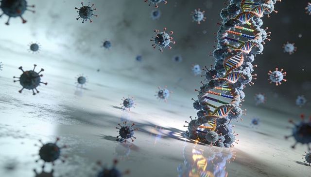 Viral particles coating vertical dna helix with colored base pairs on reflective surface