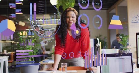 Businesswoman Analyzing Data Visualizations in Modern Office Workspace