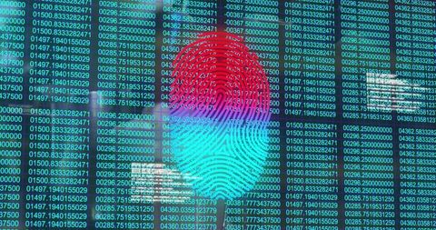 Stylized biometric fingerprint with digital code background