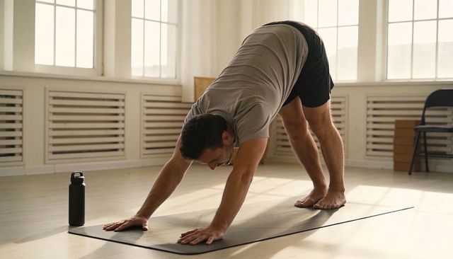 Sunlit studio downward dog male yogi stretching for flexibility strength and mindfulness