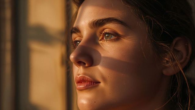 Golden hour close-up portrait of woman basking in warm window light and soft shadows