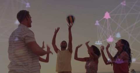 Friends Enjoying Beach Volleyball with Digital Network Overlay - Download Free Stock Images Pikwizard.com
