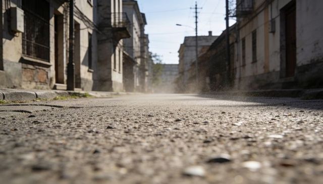 Highlighting low-angle pebbled asphalt with dust rising in empty narrow urban street