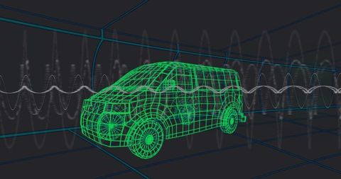 Neon green wireframe van simulation with waveforms