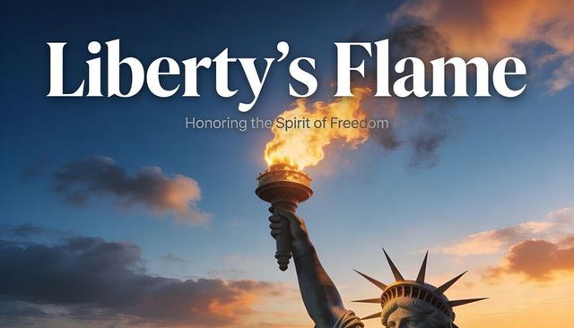 Liberty's flame torch rising over golden hour skyline for patriotic freedom concepts