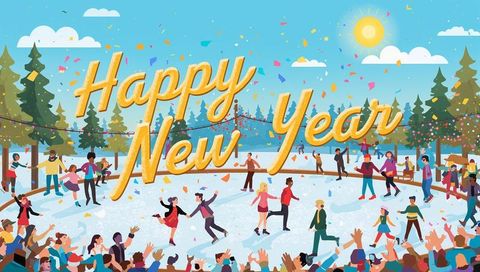 Golden happy new year script over festive outdoor ice rink with skating crowd